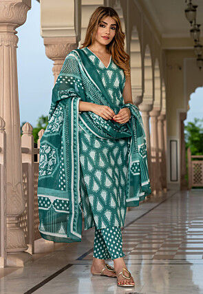 Block Printed Pure Cotton Pakistani Suit in Teal Green