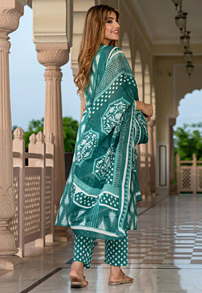 Block Printed Pure Cotton Pakistani Suit in Teal Green