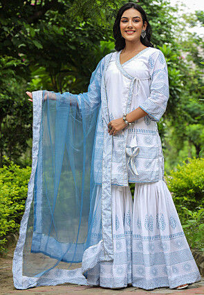 Block Printed Pure Cotton Pakistani Suit in White