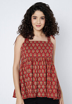 Block Printed Pure Cotton Peplum Top in Maroon