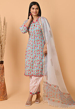 Block Printed Pure Cotton Punjabi Suit in Light Blue