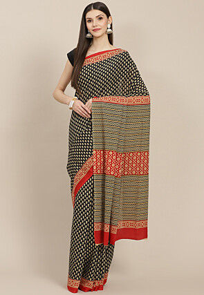 Block Printed Pure Cotton Saree in Black