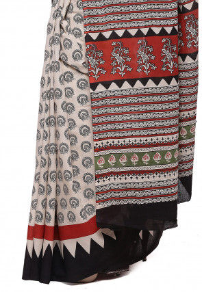 Block Printed Pure Cotton Saree in Light Beige