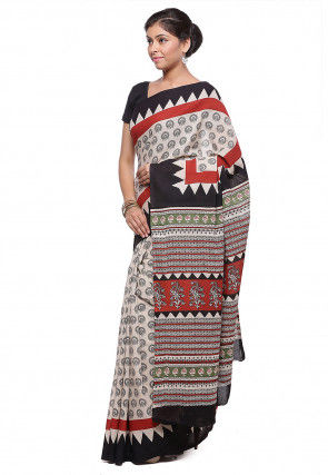 Block Printed Pure Cotton Saree in Light Beige