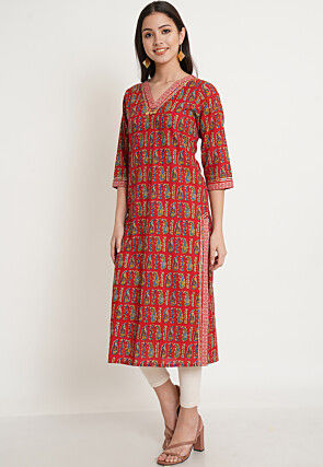 Block Printed Pure Cotton Straight Kurta in Red