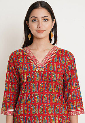 Block Printed Pure Cotton Straight Kurta in Red