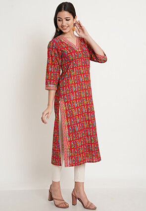 Block Printed Pure Cotton Straight Kurta in Red