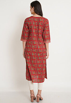 Block Printed Pure Cotton Straight Kurta in Red
