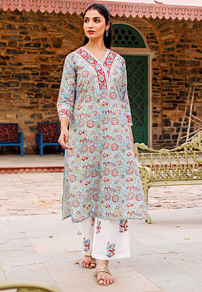Block Printed Pure Cotton Straight Kurta Set in Light Blue