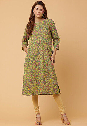 Block Printed Pure Cotton Straight Kurta Set in Olive Green