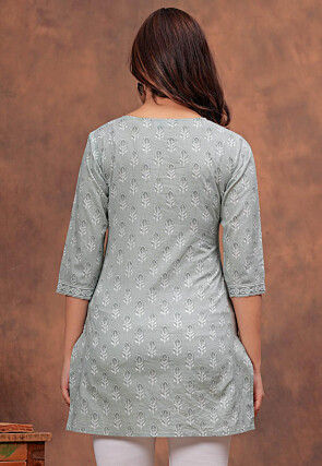 Block Printed Pure Cotton Straight Kurti in Light Grey
