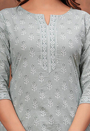 Block Printed Pure Cotton Straight Kurti in Light Grey