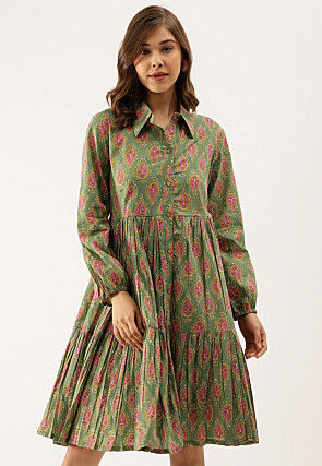 Block Printed Pure Cotton Tiered Short Dress in Dusty Green