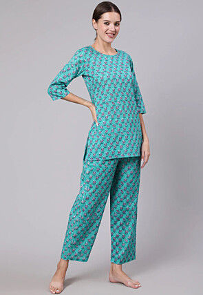 Block Printed Pure Cotton Top Set in Blue