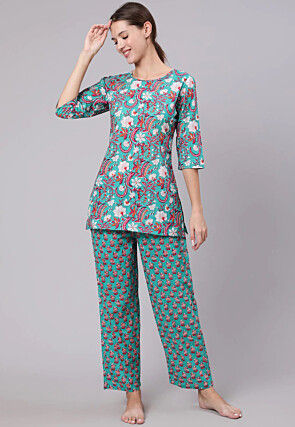 Block Printed Pure Cotton Top Set in Teal Green