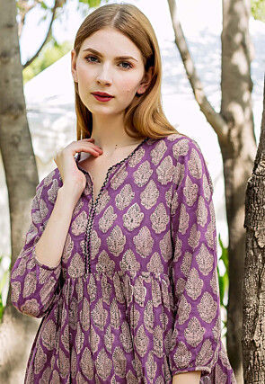 Block Printed Pure Cotton Tunic in Dark Magenta