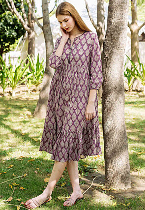 Block Printed Pure Cotton Tunic in Dark Magenta