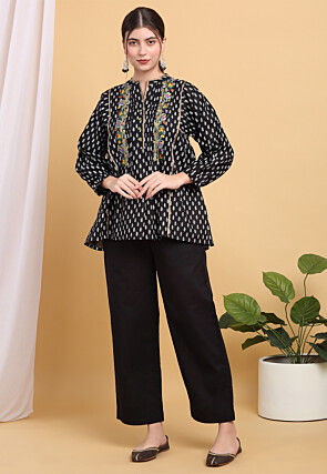 Block Printed Pure Cotton Tunic Set in Black