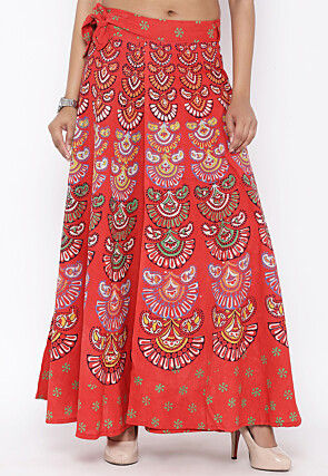 Block Printed Pure Cotton Wrap Around Skirt in Orange