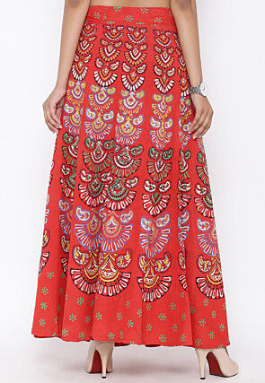 Block Printed Pure Cotton Wrap Around Skirt in Orange