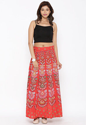 Block Printed Pure Cotton Wrap Around Skirt in Orange
