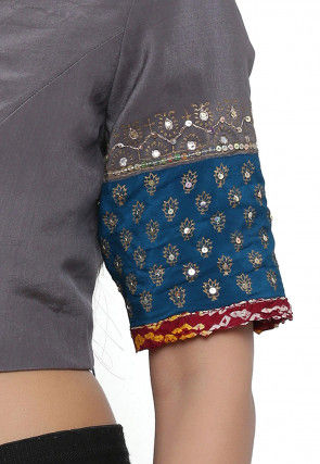 Block Printed Pure Crepe Blouse in Grey