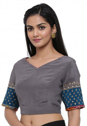 Block Printed Pure Crepe Blouse in Grey