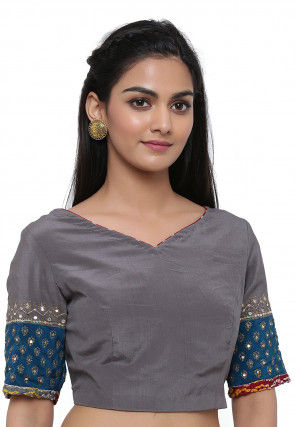 Block Printed Pure Crepe Blouse in Grey