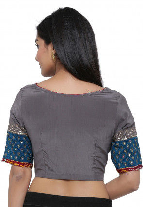 Block Printed Pure Crepe Blouse in Grey