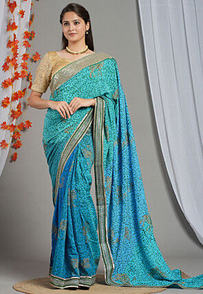 Block Printed Pure Crepe Multiple Joints Saree in Blue