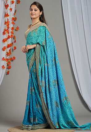 Block Printed Pure Crepe Multiple Joints Saree in Blue
