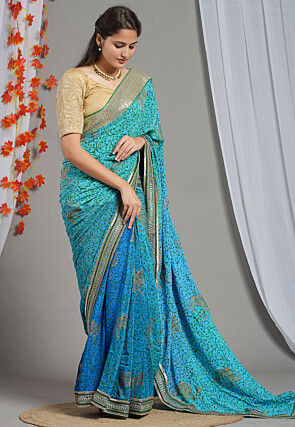Block Printed Pure Crepe Multiple Joints Saree in Blue