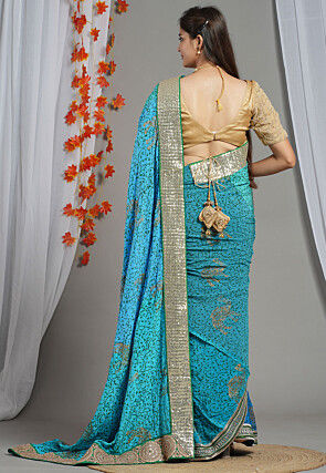 Block Printed Pure Crepe Multiple Joints Saree in Blue