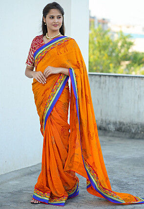 Block Printed Pure Crepe Multiple Joints Saree in Orange