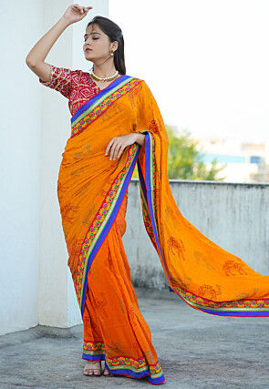 Block Printed Pure Crepe Multiple Joints Saree in Orange