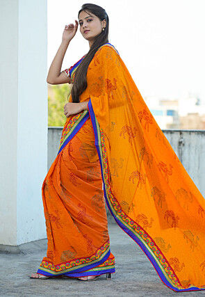 Block Printed Pure Crepe Multiple Joints Saree in Orange