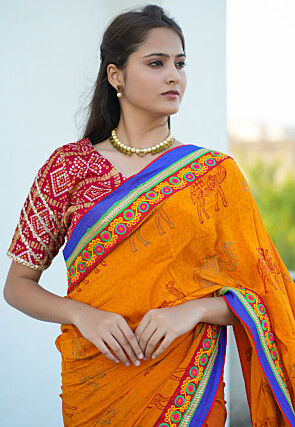 Block Printed Pure Crepe Multiple Joints Saree in Orange