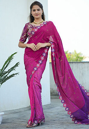 Block Printed Pure Crepe Multiple Joints Saree in Pink and Purple