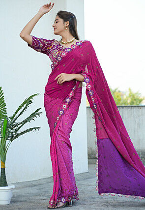 Block Printed Pure Crepe Multiple Joints Saree in Pink and Purple