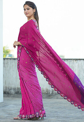 Block Printed Pure Crepe Multiple Joints Saree in Pink and Purple
