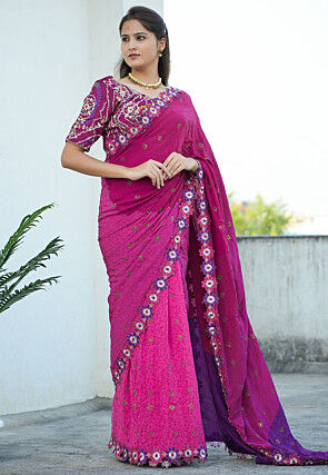 Block Printed Pure Crepe Multiple Joints Saree in Pink and Purple