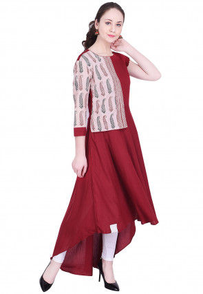 Block Printed Rayon Asymmetric A Line Kurta in Maroon