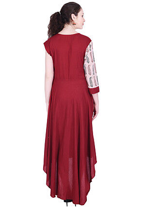 Block Printed Rayon Asymmetric A Line Kurta in Maroon