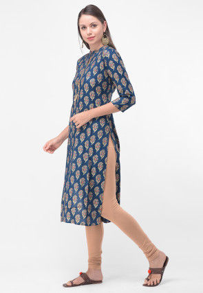 Block Printed Rayon Cotton Straight Kurta in Blue