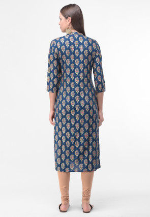Block Printed Rayon Cotton Straight Kurta in Blue