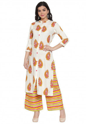 Block Printed Rayon Cotton Straight Kurta with Palazzo in Off White