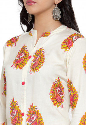 Block Printed Rayon Cotton Straight Kurta with Palazzo in Off White