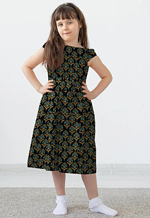Block Printed Rayon Dress in Black