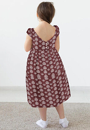 Block Printed Rayon Dress in Brown