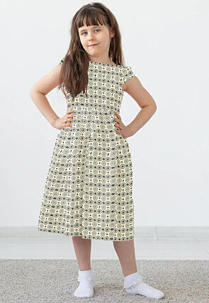 Block Printed Rayon Dress in Cream
